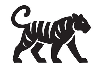 Fototapeta premium A powerful stylized black tiger walking in profile. This bold graphic illustration is a minimalist feline silhouette, ideal as a symbol or icon.