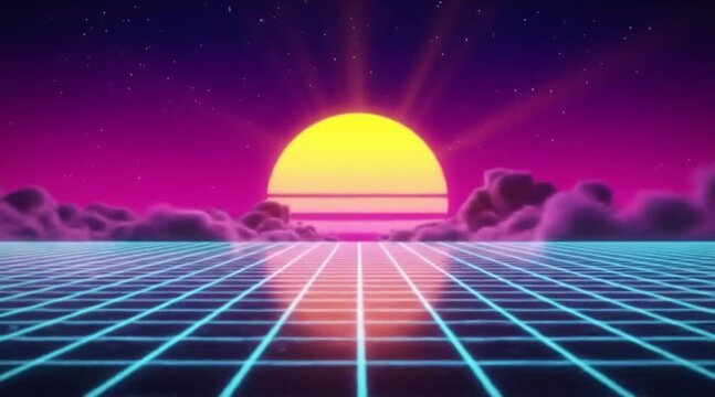 Retro Synthwave Sunset Video Loop with Neon Gradients and Cloud Drift