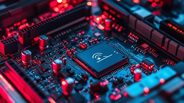 High-tech digital background with hardware devices showcasing a modern motherboard design with a wifi symbol