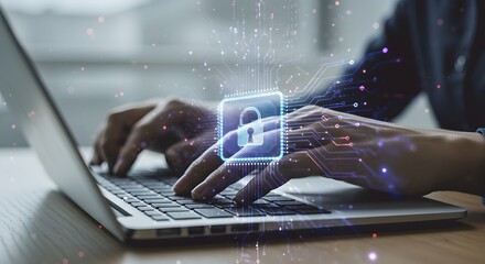 Digital Security Concept: Person Typing on Laptop with Glowing Padlock and Circuitry Overlay