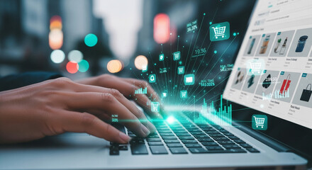 Hands typing on laptop keyboard, online shopping interface displayed, showcasing digital sales data and shopping cart icons, symbolizing e-commerce and online business