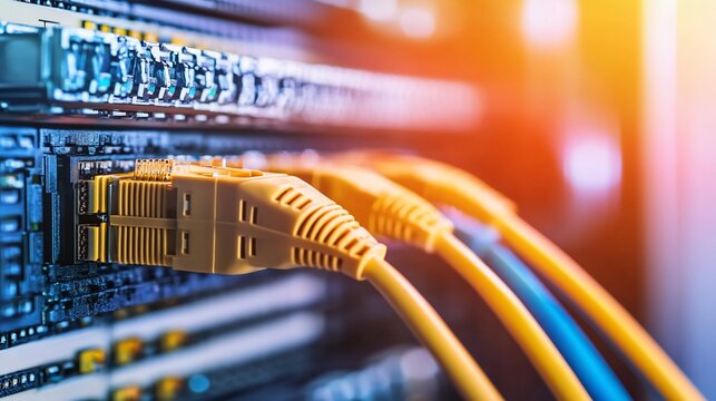 Close-up of Ethernet cables plugged into server ports in a data center with a bright light