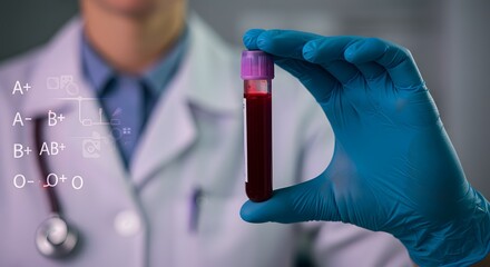Doctor Holding Blood Sample with Blood Type Information and Medical Icons