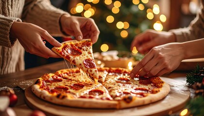 Hands Sharing Pepperoni Pizza Slice At Holiday Gathering