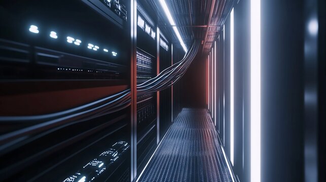 High-tech LAN cables run through a modern server room with bright white lights and dark ambiance