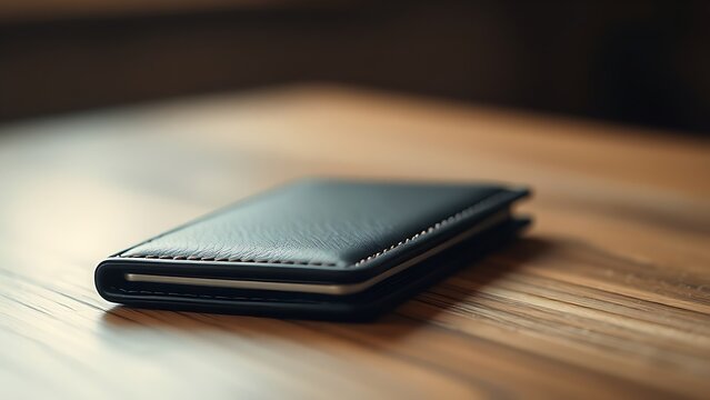 A sleek wallet lies on a wooden surface, highlighted by warm ambient lighting in a minimalist setting.