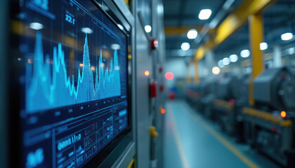 AI energy management system monitors factory operations on digital displays. Smart grid technology optimizes industrial production for enhanced energy efficiency, sustainability. Features advanced