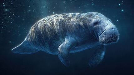 Large, grey manatee swimming peacefully underwater in a blue aquatic environment