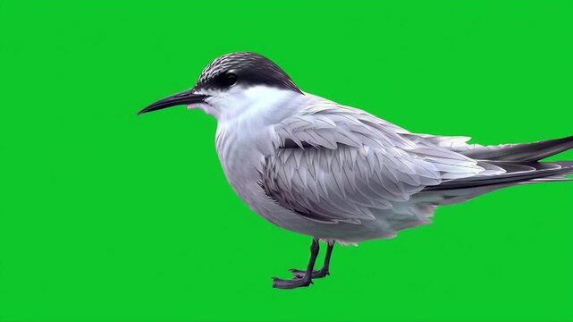 Elegant tern bird with black cap and white feathers isolated on vibrant green screen background for easy compositing.