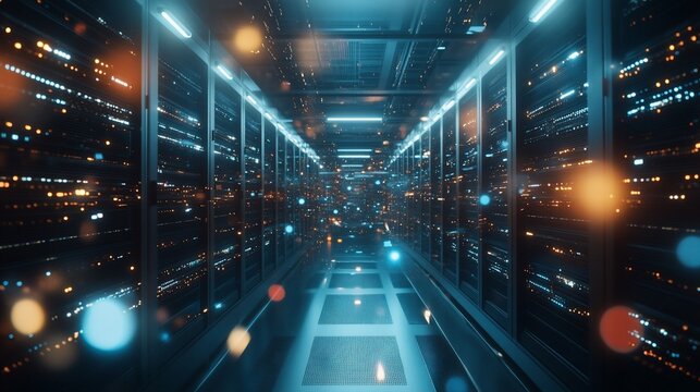 A modern server room with rows of data servers and blinking lights, transmitting digital data and information