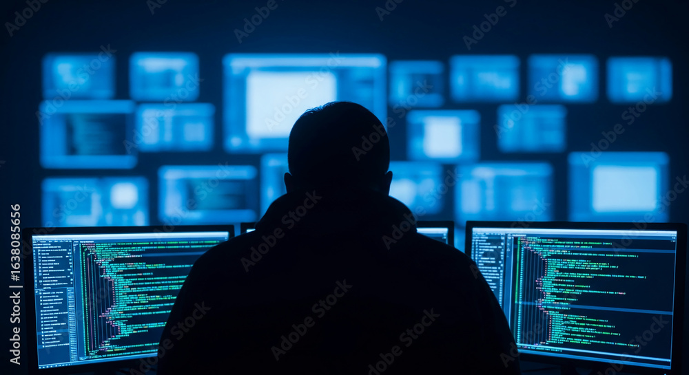 Poster silhouette of person viewing multiple screens displaying lines of code, symbolizing software develop