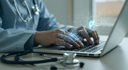 Doctor using laptop with futuristic medical interface and digital health data visualization