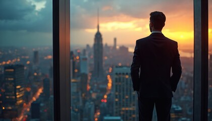 Businessman in suit looks out window at city skyline during sunset. Reflects on corporate success, leadership, future opportunities. Represents ambition, planning, strategic vision for business