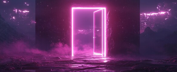 Abstract open door to universe. Cyberpunk neon door background concept. Pink violet neon. Abstract neon shapes hologram led laser door. Glowing neon frame. Modern 3d graphic concept. 3D rendering