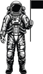 Astronaut holding flag illustration, space exploration suit vector, cosmonaut in helmet, detailed spacesuit drawing, outer space mission graphic, science fiction artwork