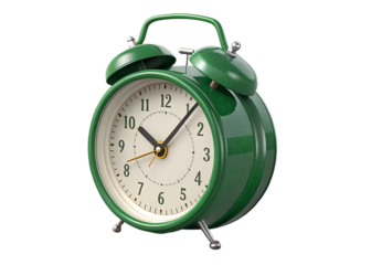 green alarm clock 3d rendering isolated on background white