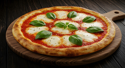 Freshly Baked Margherita Pizza on Rustic Wooden Board