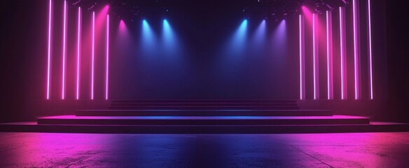 Empty stage Design for mockup and Corporate identity,Display.Platform elements in hall.Blank screen system for Graphic Resources.Scene event led night light staging.3d Background for online.3 render