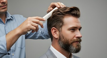Fototapeta premium Man getting a new hairstyle at a barbershop. Male customer receiving haircut from hairdresser. Modern men's grooming and beauty salon concept with copy space.