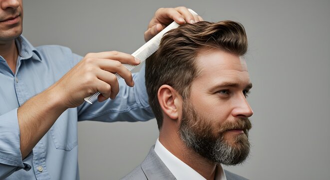 Man getting a new hairstyle at a barbershop. Male customer receiving haircut from hairdresser. Modern men's grooming and beauty salon concept with copy space.