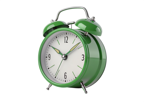 green alarm clock 3d rendering isolated on background white