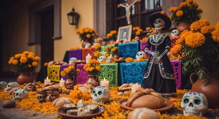 Fototapeta premium Traditional Dia de los Muertos altar with Catrina skeleton figure. Mexican ofrenda with sugar skulls, marigold flowers, pan de muerto, and candles for a holiday celebration.