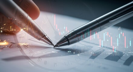 Financial Planning and Investment Strategy: Pens, Stock Charts, and Cityscape Overlay