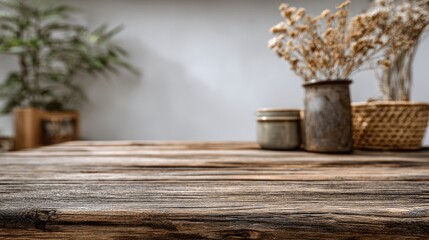 Wooden table with an empty space for product display, set against the backdrop of a blurred white wall interior. Ready for display, product.