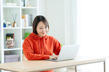 リビングでパソコンを使う若い女性