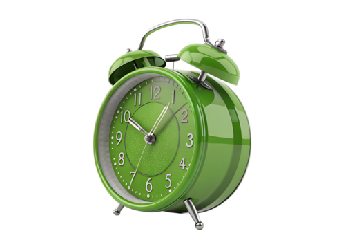 green alarm clock 3d rendering isolated on background white