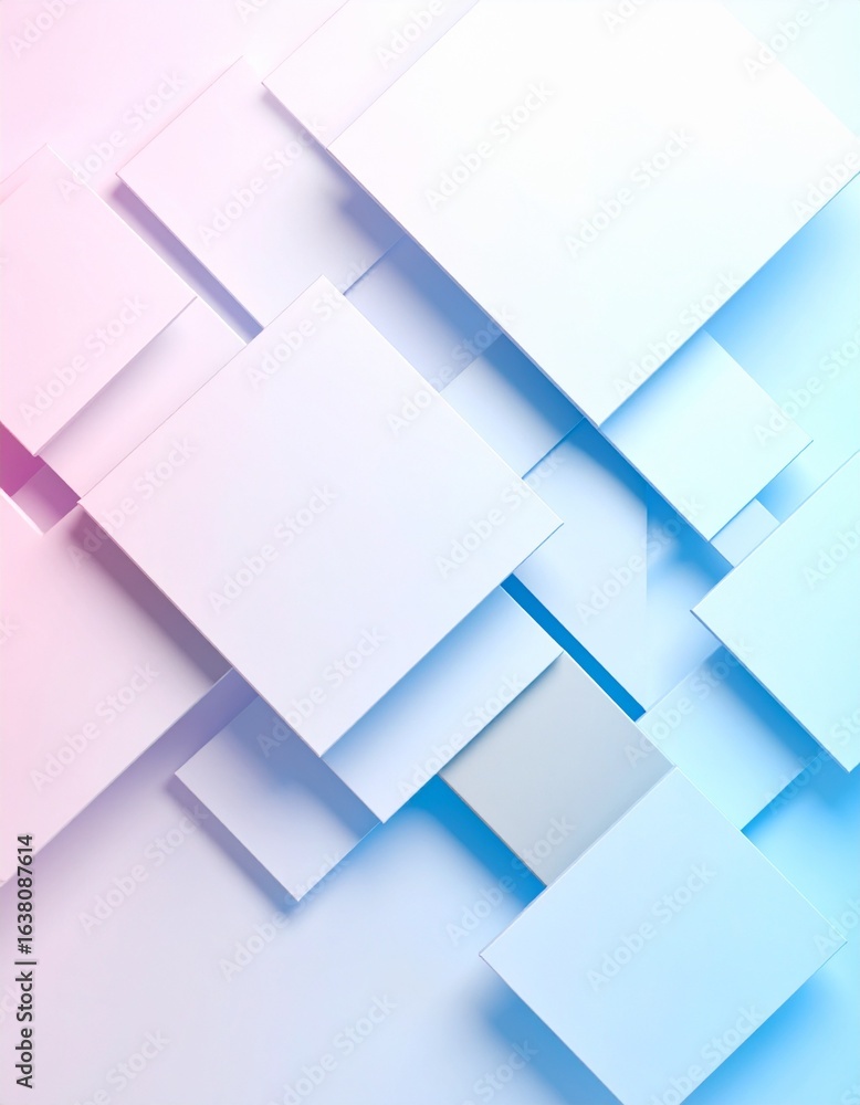 Poster minimalist geometric shapes in soft pastel tones layered with translucent effects, creating a clean 