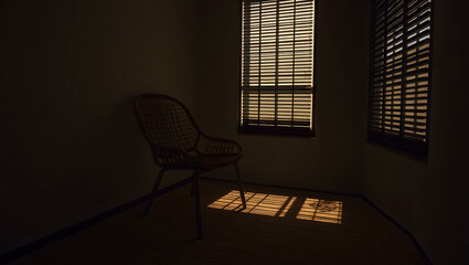 Fototapeta premium A solitary chair in a dimly lit room with sunlight streaming through the window, casting shadows on the floor