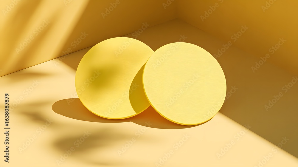 Poster two circular objects in a sunlit, beige setting.