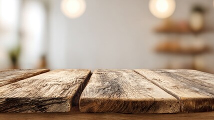 Wooden table with an empty space for product display, set against the backdrop of a blurred white wall interior. Ready for display, product.