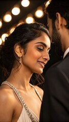 A close-up of a couple sharing a tender moment, illuminated by soft lights, showcasing elegance and intimacy.