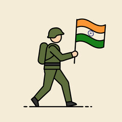 An illustrative representation of an Indian soldier in uniform, marching with the national flag, symbolizing patriotism and courage.