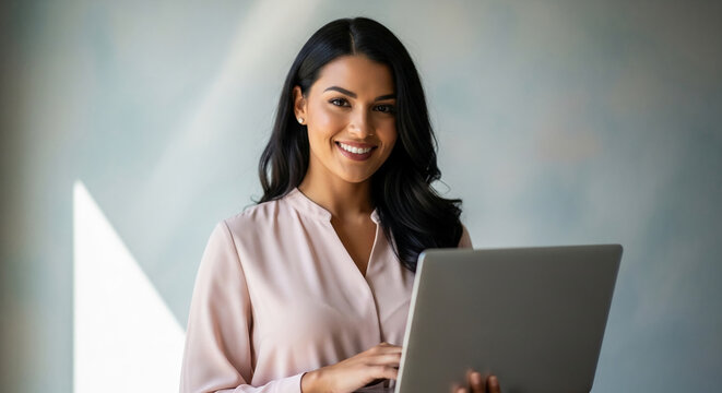 Smiling woman with dark hair uses laptop, wearing pink blouse against a light gray background, showcasing modern business professionalism