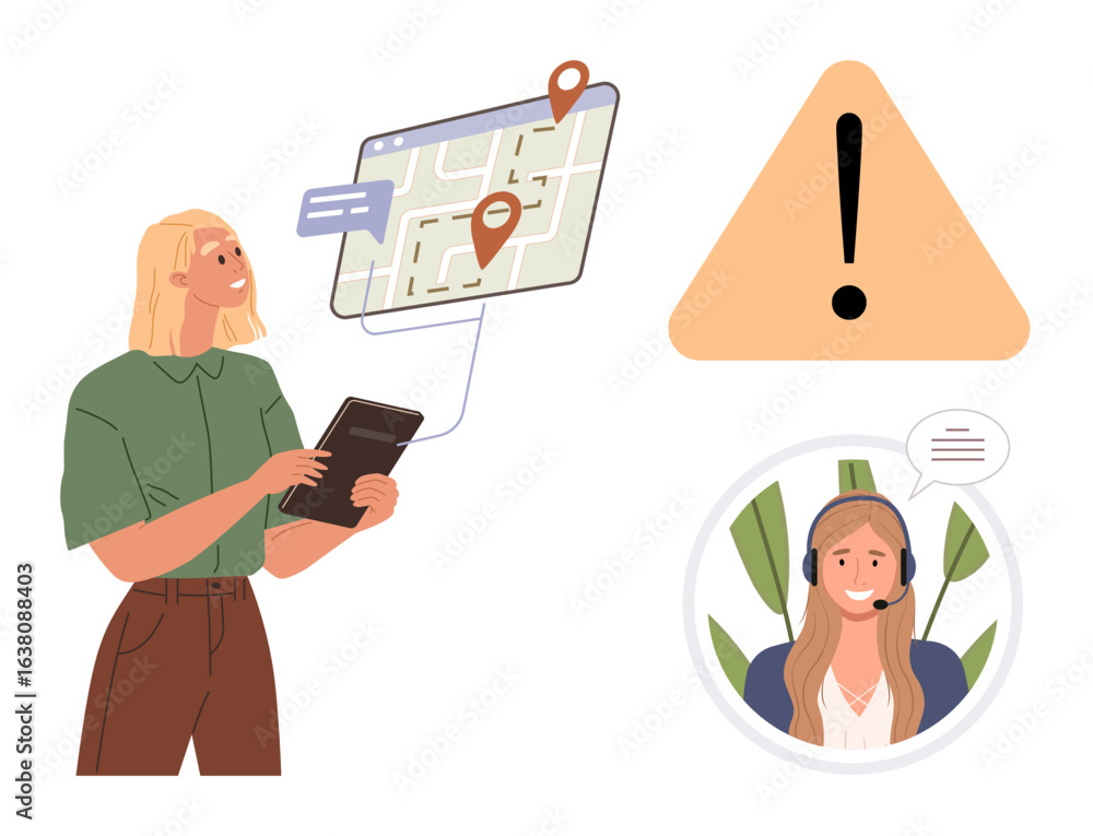 Poster woman using a tablet for navigation with a map, a warning triangle, and customer support icon. ideal