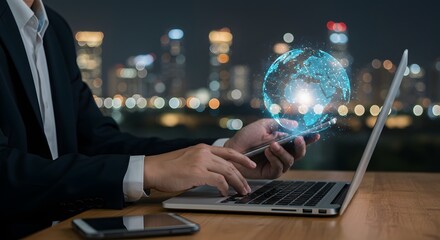 Global Business and Technology Concept: Businessman Using Laptop and Smartphone with Digital Globe Overlay