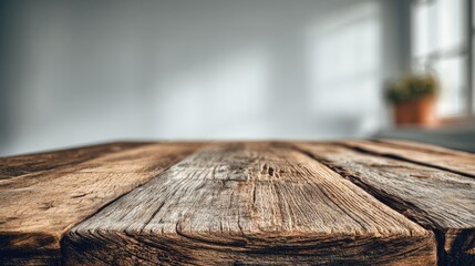 Wooden table with an empty space for product display, set against the backdrop of a blurred white wall interior. Ready for display, product.