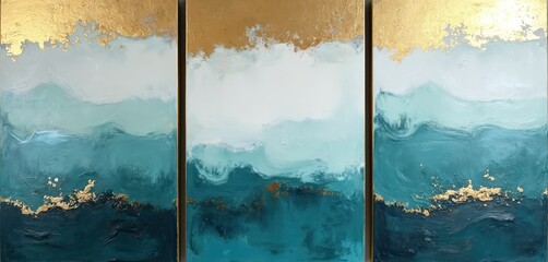 Triptych wall art with abstract layers of teal, white, gold. Modern canvas painting features textured brushstrokes evoking ocean waves, sky. Elegant gold leaf accents add luxury to contemporary