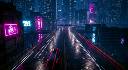 Fototapeta premium Cyberpunk Elevated Highway at Night with Neon Reflections, Rain-Soaked Roads, and Dramatic Vehicle Light Streaks