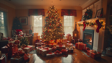 Christmas morning in an American living room, kids opening presents under the tree, wrapping paper everywhere, fireplace lit, joyful chaos, classic family holiday scene.