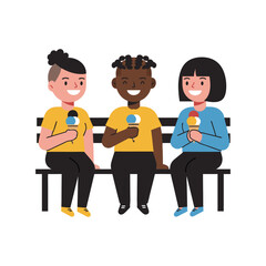 A diverse group of happy children sitting on a bench eating ice cream. Vector illustration of multicultural friendship and joyful summer moments.