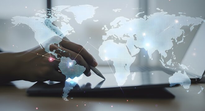 Global Business Strategy: Person Using Tablet with Digital World Map Overlay