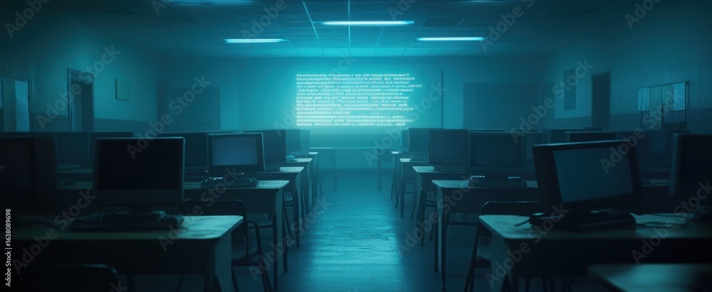 Poster empty computer lab with blue light and code on the wall