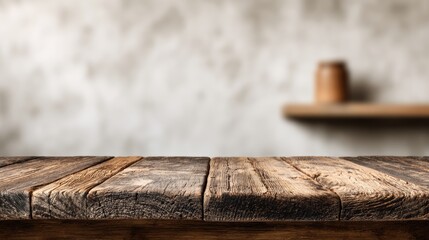 Wooden table with an empty space for product display, set against the backdrop of a blurred white wall interior. Ready for display, product.