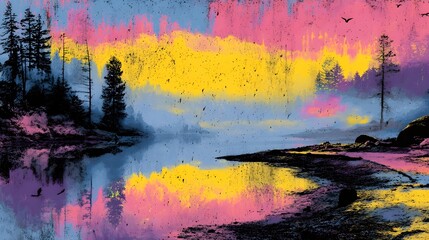 A breathtaking landscape featuring a tranquil lake surrounded by a dense forest with a vibrant sunset reflected on the calm waters creating a captivating and ethereal atmosphere