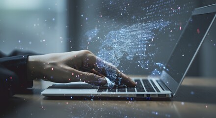 Global Digital Network Connection - Hand Typing on Laptop with Binary Code and World Map Overlay