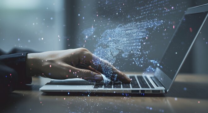 Global Digital Network Connection - Hand Typing on Laptop with Binary Code and World Map Overlay